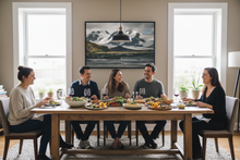 Load image into Gallery viewer, Casual dining room with Ancient Earth print and vegetarian meal