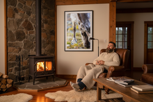 Load image into Gallery viewer, Cozy interior with Reindeer print and wood stove