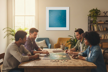 Load image into Gallery viewer, People working on puzzle with Everyday Magic print in white frame