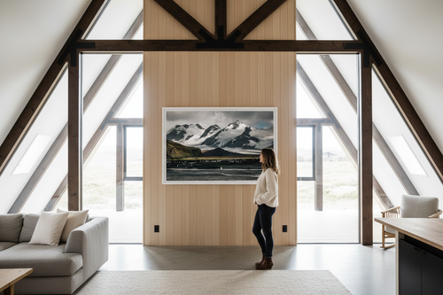 Person admiring Ancient Earth print in A-frame entryway