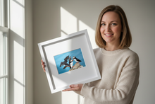 Load image into Gallery viewer, Woman holding 10" x 10" Framed + Matted Puffin Print